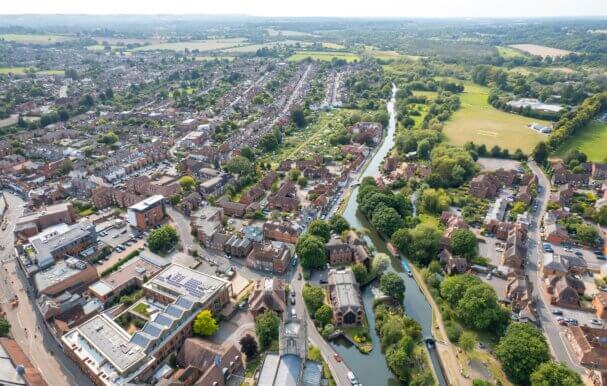 An aerial view of Newbury town.