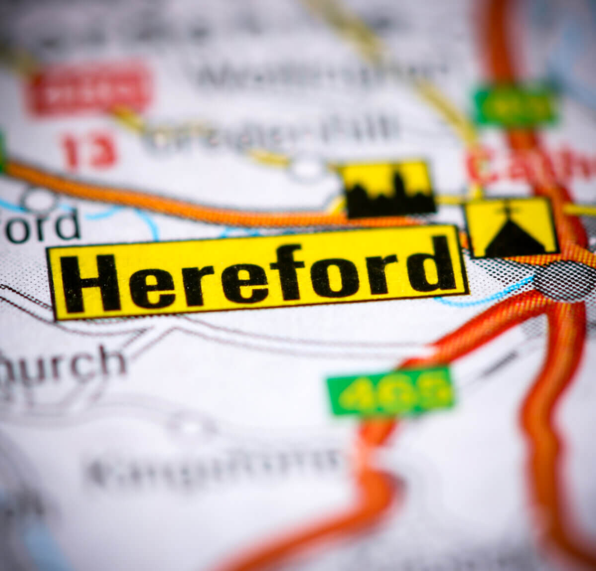 An image of a map with the word 'Hereford' in a large font.