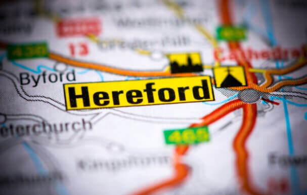 An image of a map with the word 'Hereford' in a large font.