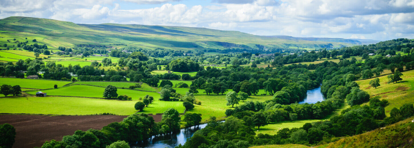 An image of a river and meandering green fields in Hereford.